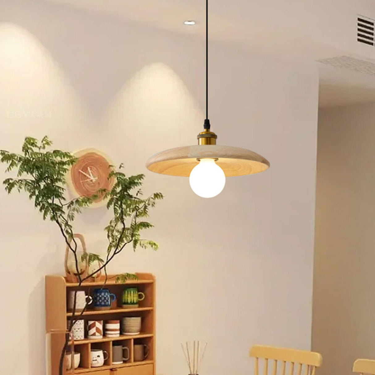 Minimalist Adjustable Cord Solid Wood Disc Pendant Light Image - 15