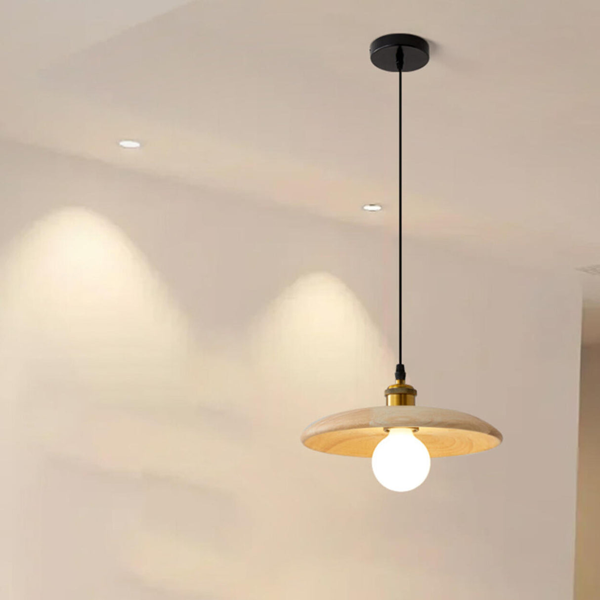 Minimalist Adjustable Cord Solid Wood Disc Pendant Light Image - 3