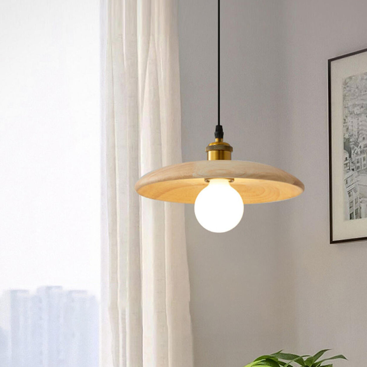 Minimalist Adjustable Cord Solid Wood Disc Pendant Light Image - 5