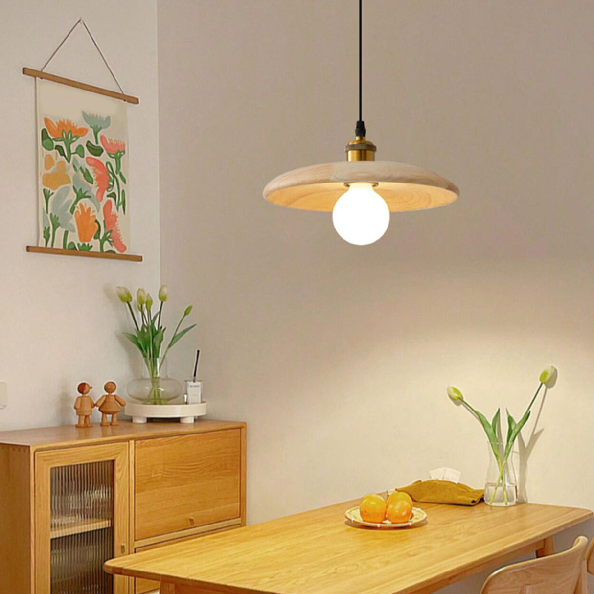 Minimalist Adjustable Cord Solid Wood Disc Pendant Light Image - 6