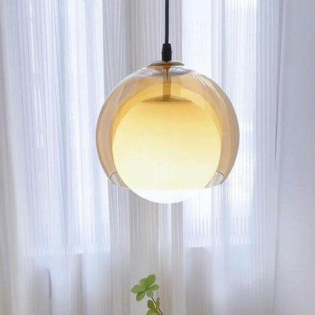 Minimalist Amber Glass White Globe Living Room Pendant Light Image - 1