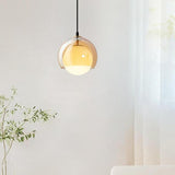 Minimalist Amber Glass White Globe Living Room Pendant Light Image - 2