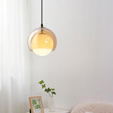 Minimalist Amber Glass White Globe Living Room Pendant Light Image - 3