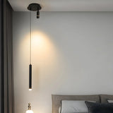 Minimalist Bedroom Black Slim Cylinder Metal Pendant Light Image - 10