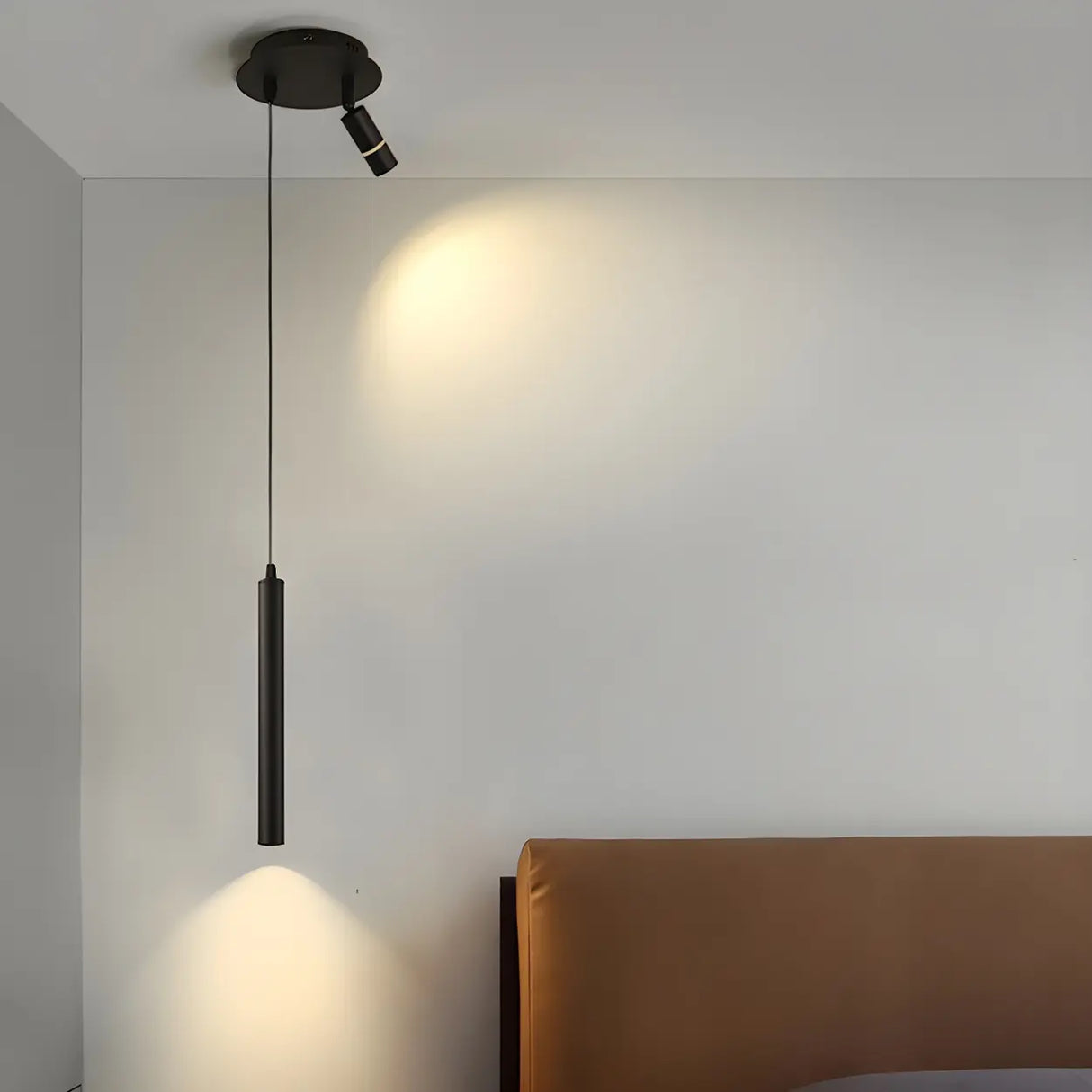 Minimalist Bedroom Black Slim Cylinder Metal Pendant Light Image - 2