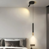 Minimalist Bedroom Black Slim Cylinder Metal Pendant Light Image - 3