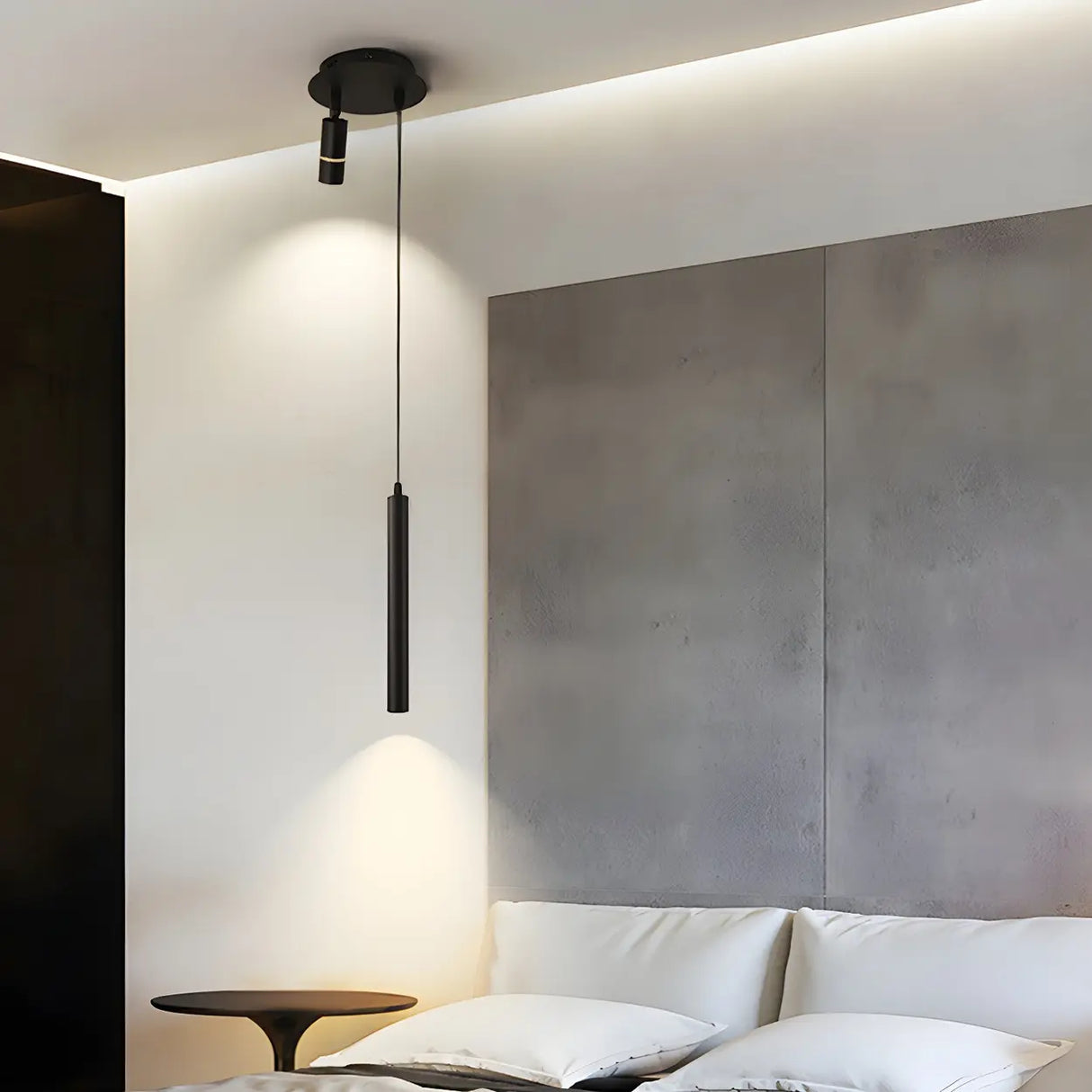 Minimalist Bedroom Black Slim Cylinder Metal Pendant Light Image - 4