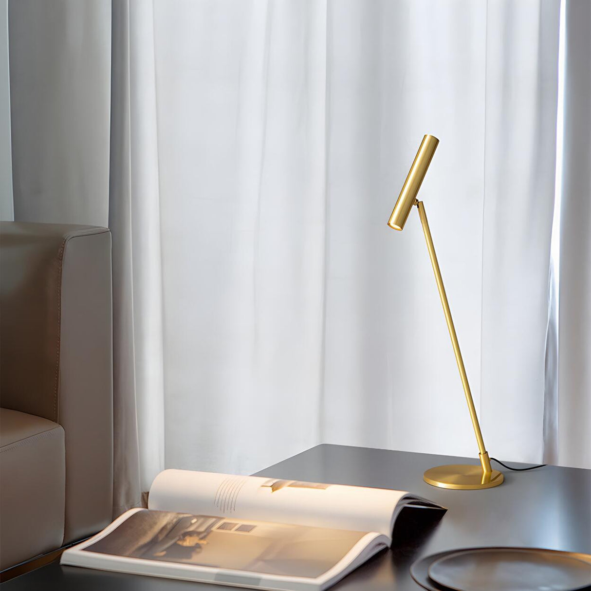 Minimalist Black Brass LED Cylindrical Shade Table Lamp Image - 16