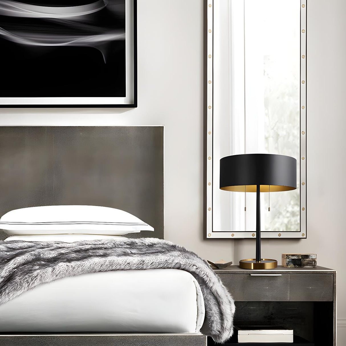 Minimalist Black Cylinder Metal Bedroom Table Lamp Image - 14