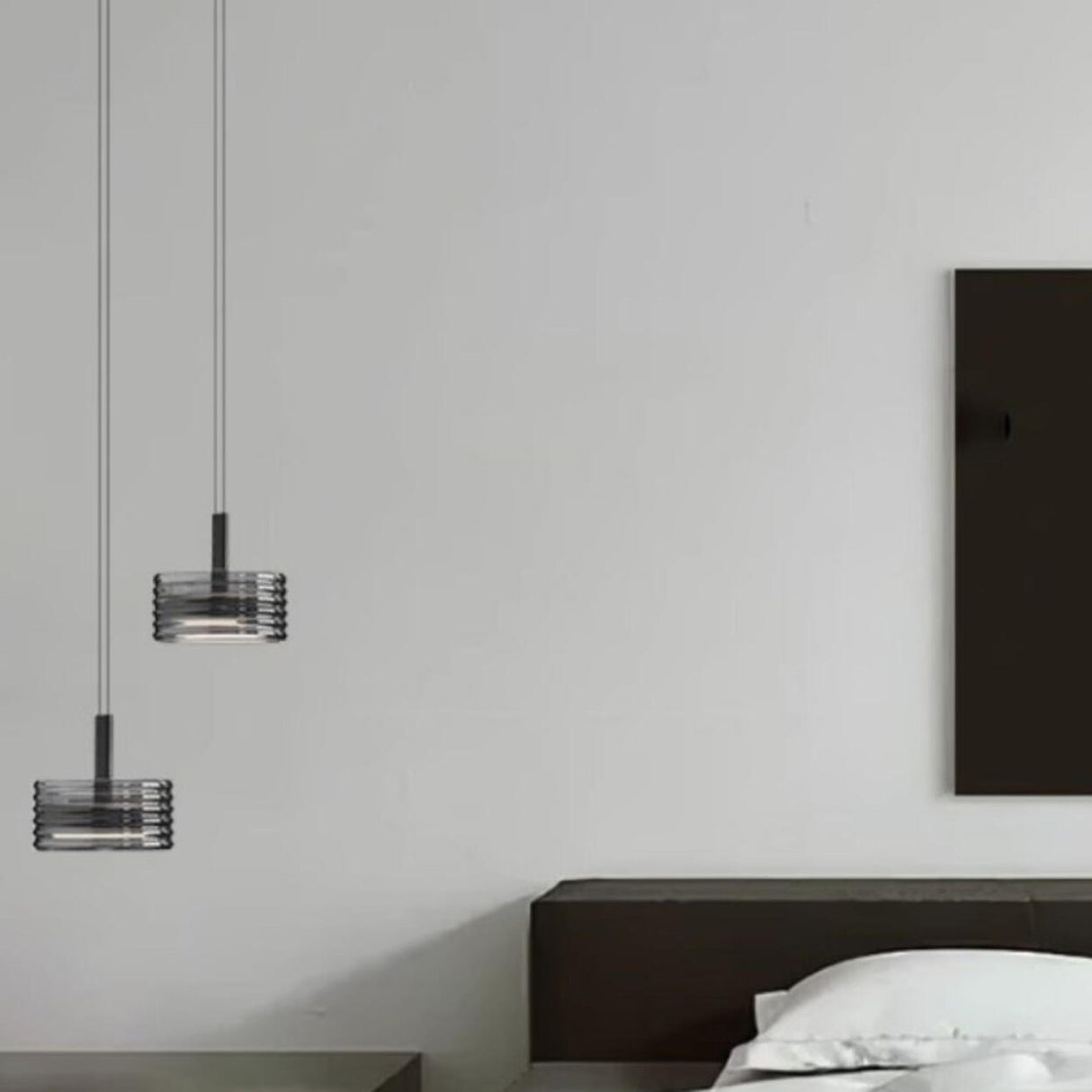 Minimalist Black Cylinder Ribbed Glass Pendant Light Bedroom Image - 2