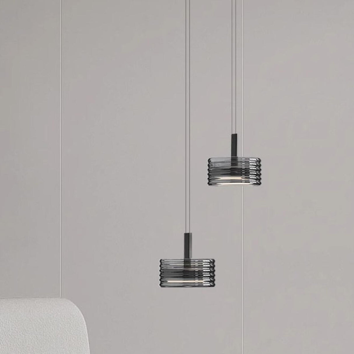 Minimalist Black Cylinder Ribbed Glass Pendant Light Bedroom Image - 9