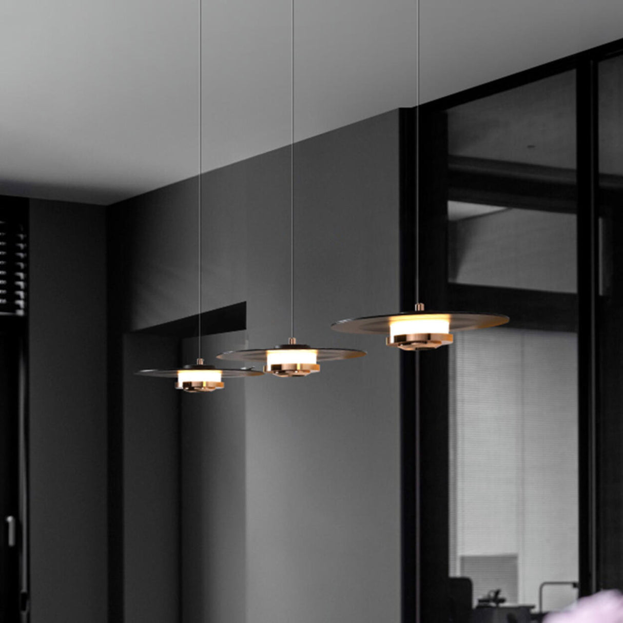 Minimalist Black Flat Disc Metal Bedroom Pendant Light Image - 10