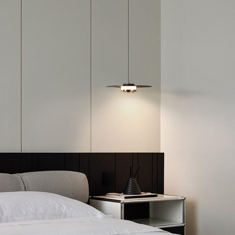 Minimalist Black Flat Disc Metal Bedroom Pendant Light Image - 2