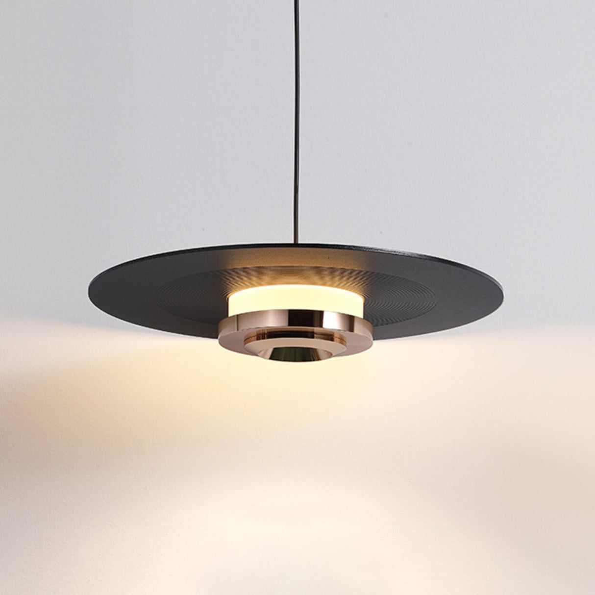 Minimalist Black Flat Disc Metal Bedroom Pendant Light Image - 6