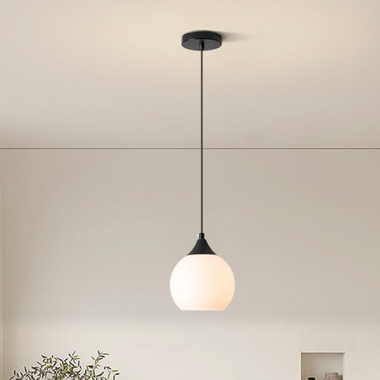 Minimalist Black Metal White Glass Globe Pendant Light Image - 2