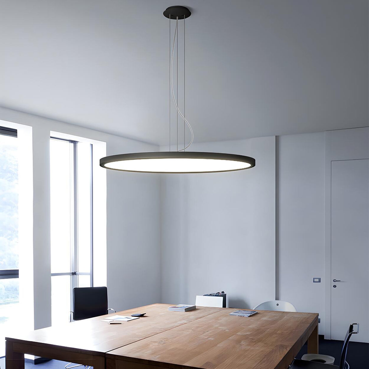 Minimalist Black Round Circle LED Living Room Pendant Light Image - 18