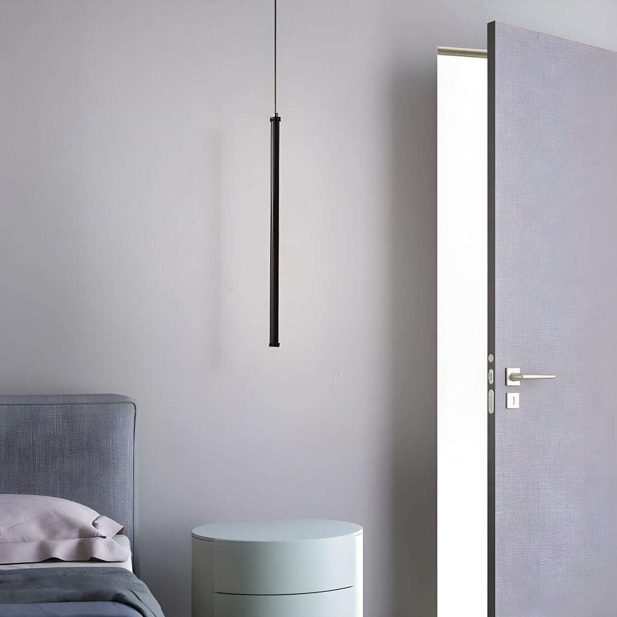 Minimalist Black Slim Tube Metal LED Bedroom Pendant Light Image - 3