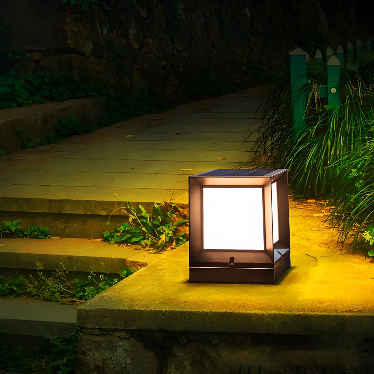 Minimalist Black Solar Cube Metal Outdoor Post Light Image - 11