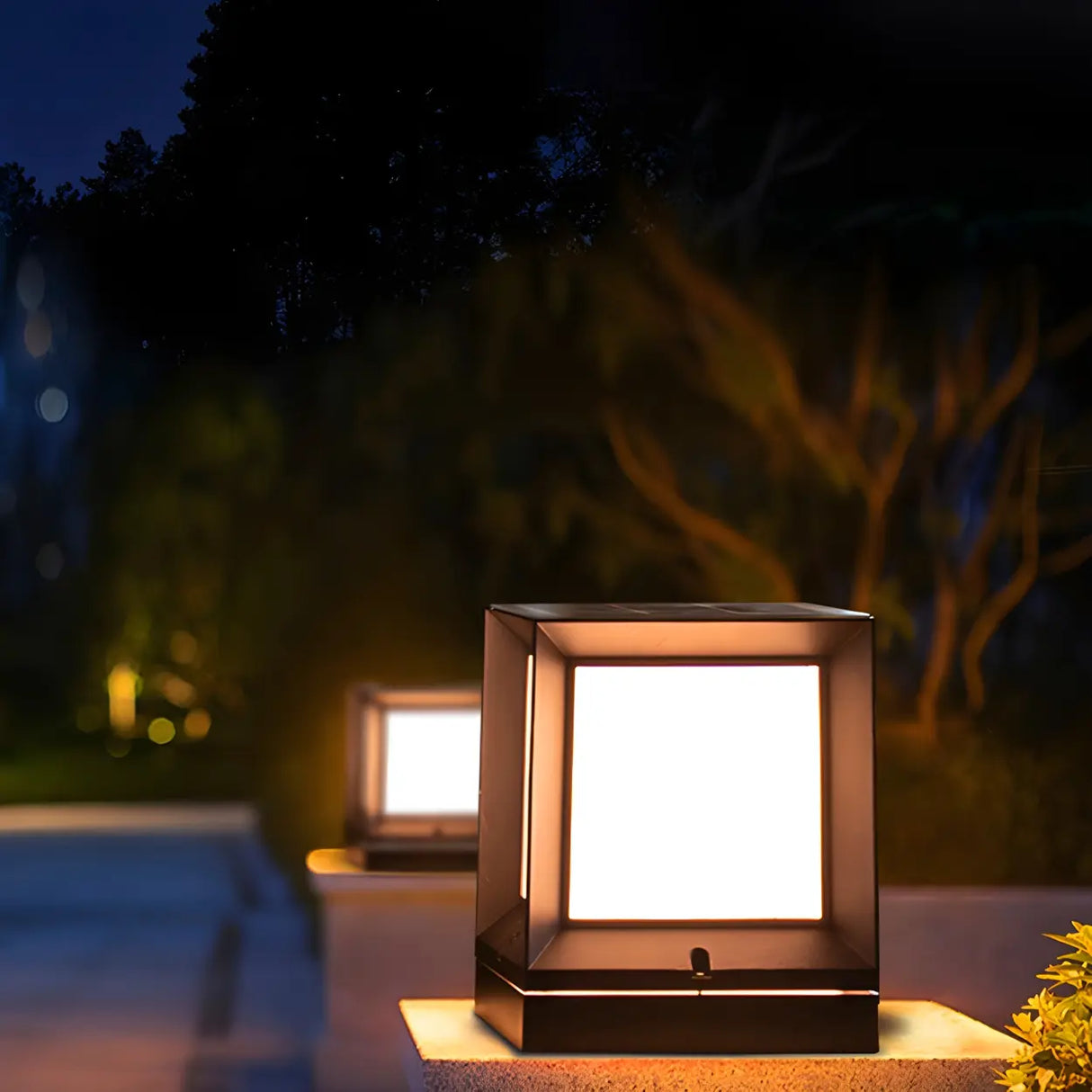 Minimalist Black Solar Cube Metal Outdoor Post Light Image - 15