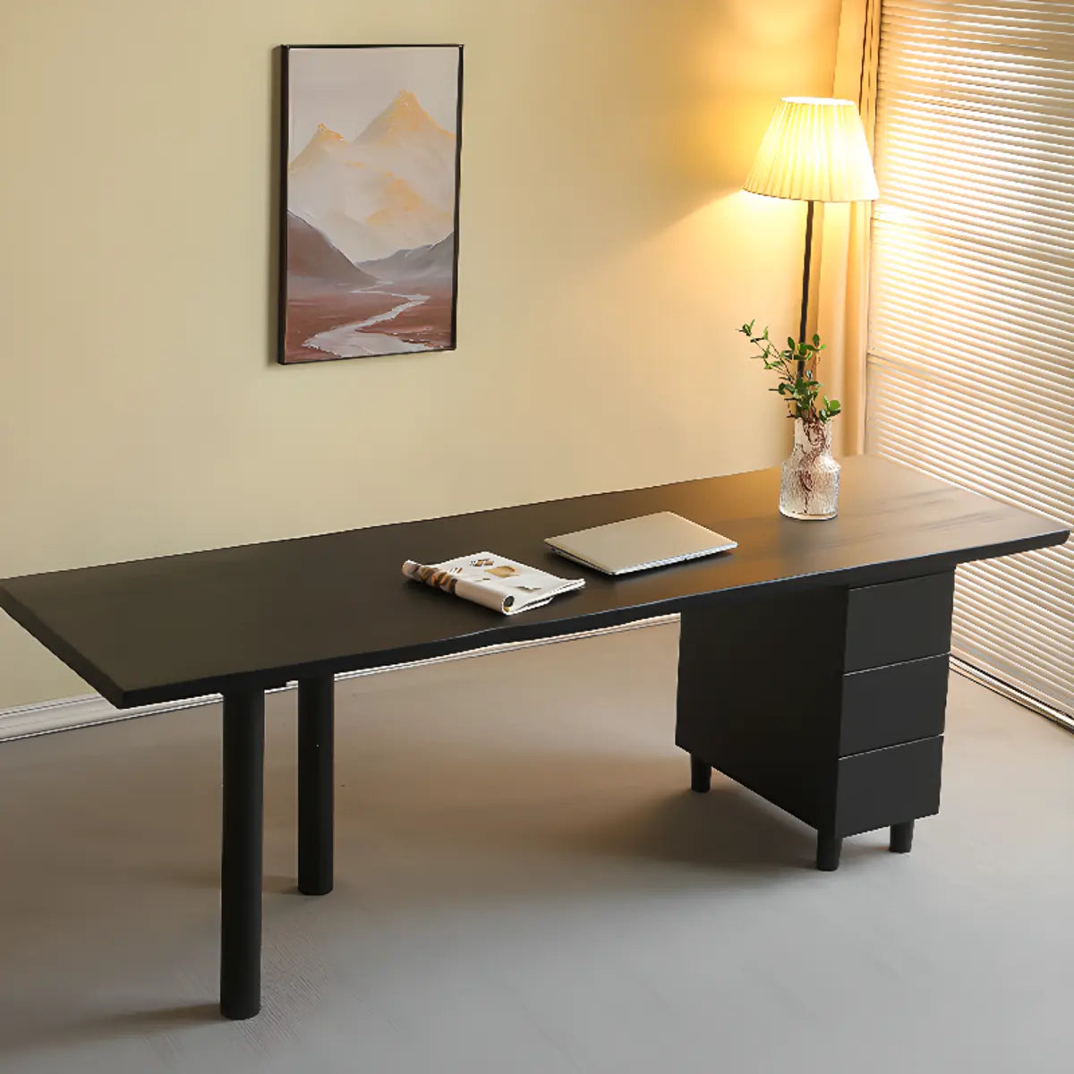 Minimalist Black Wooden Drawers Office Writing Desk Image - 3