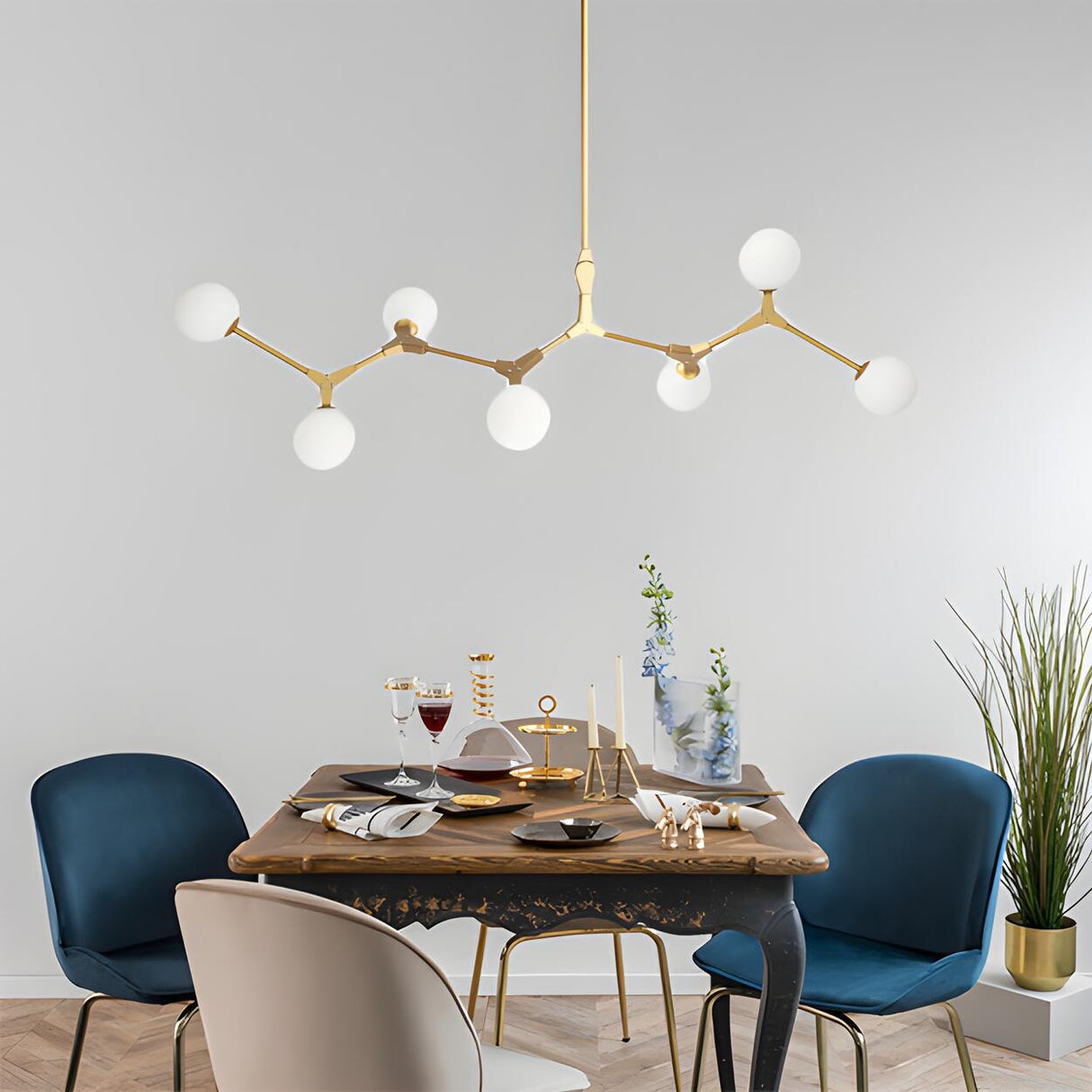 Minimalist Branch Nordic Opal Glass Globe Gold Chandelier Image - 5