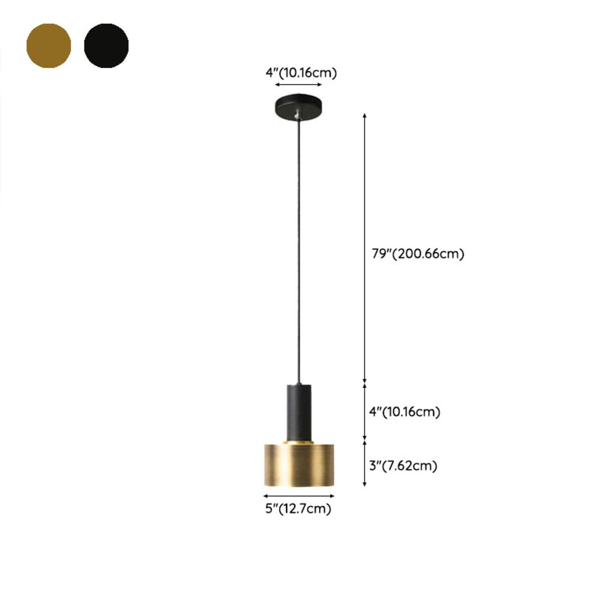 Minimalist Brass and Black Metal Cylinder Pendant Light 