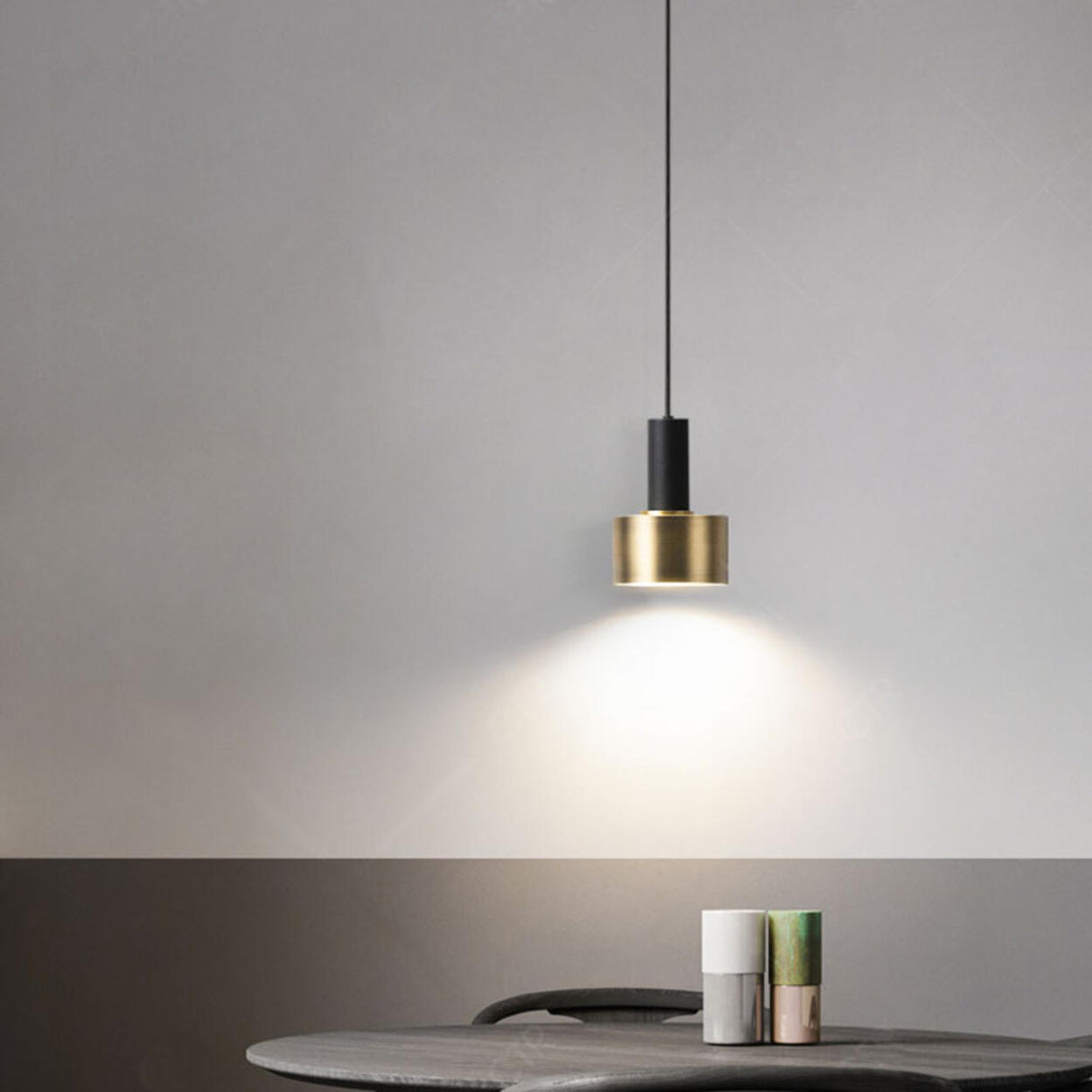 Minimalist Brass and Black Metal Cylinder Pendant Light Image - 5