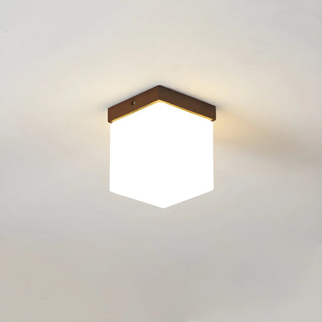 Minimalist Brown Cube Wood Flush Mount Ceiling Light Image - 1