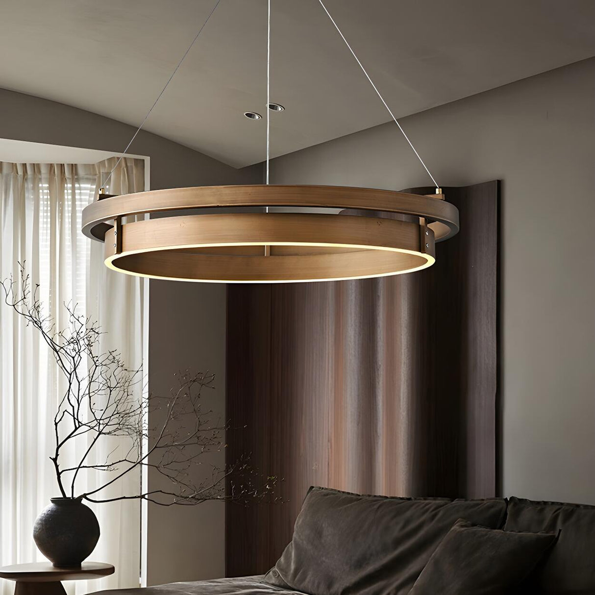 Minimalist Circle Brass LED Chandelier Adjustable Height Image - 11