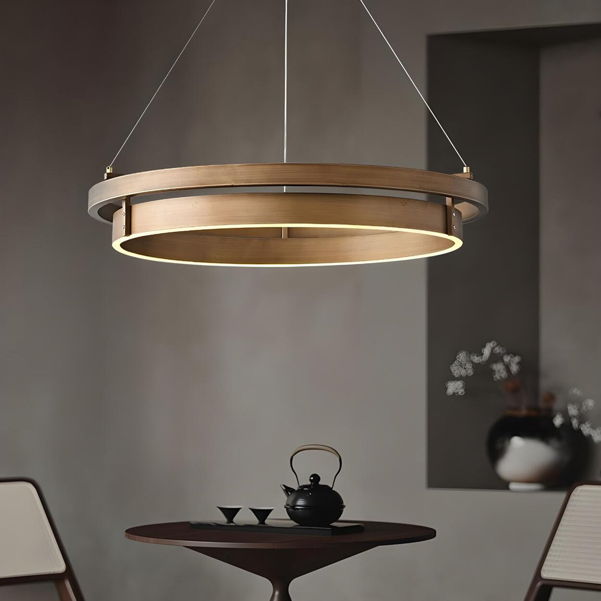 Minimalist Circle Brass LED Chandelier Adjustable Height Image - 4