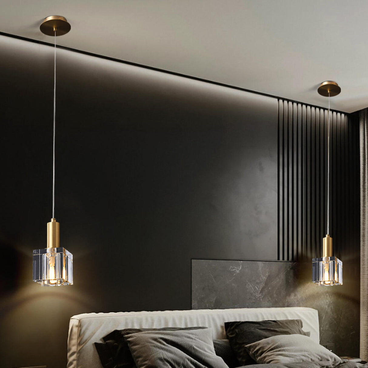 MInimalist Clear Rock Cube Crystal Pendant Light Bedroom Image - 3