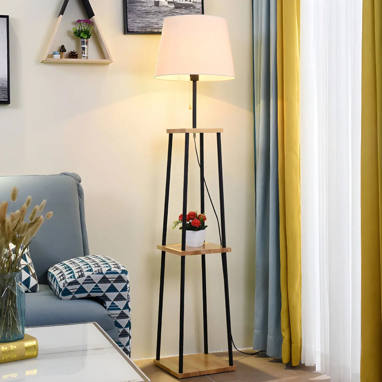 Minimalist Cone Black Metal Floor Lamp with Shelf Image - 2