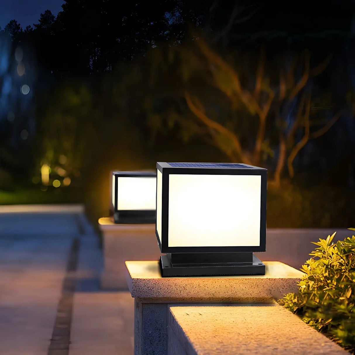 Minimalist Cube Metal Black Outdoor Post Table Lamp Image - 4