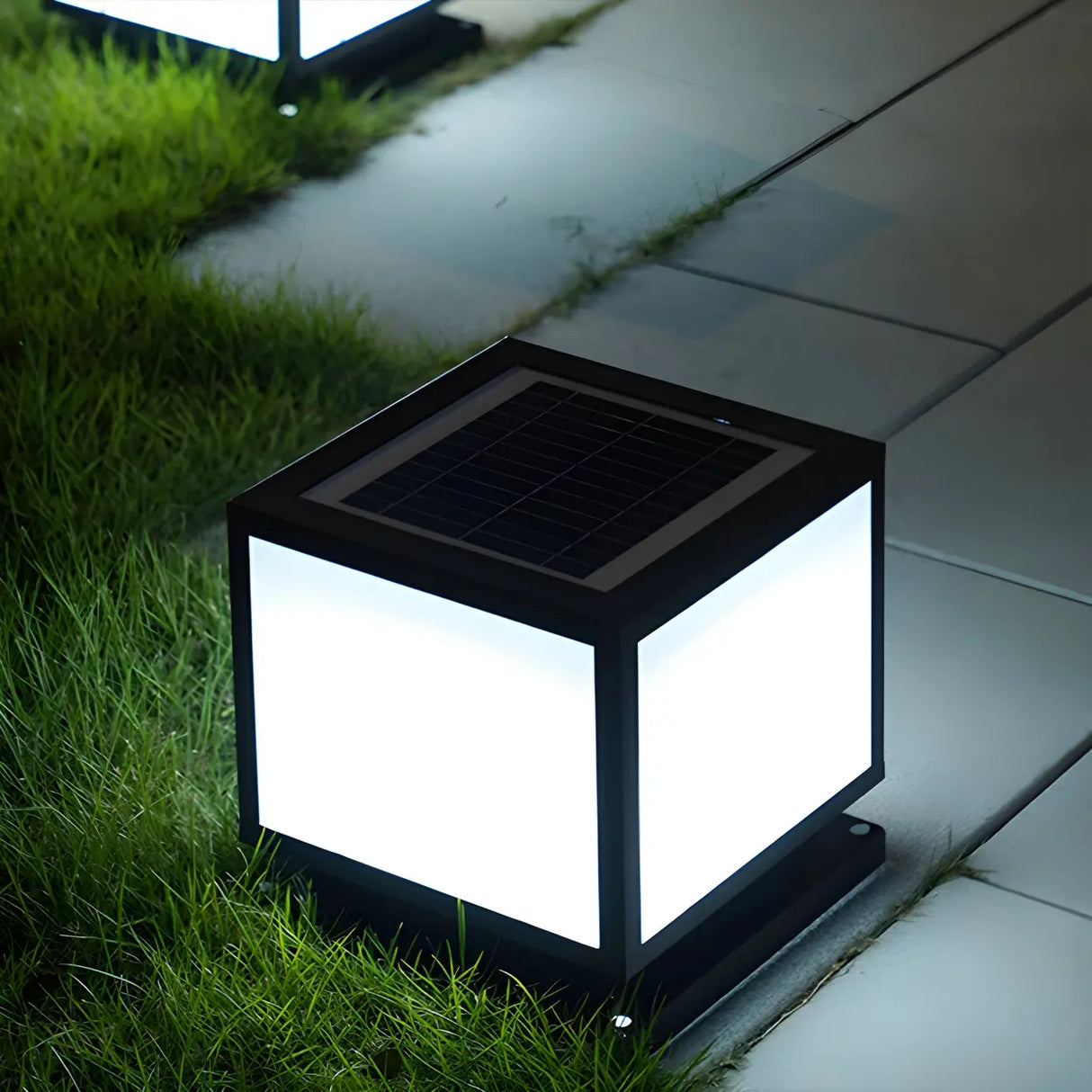 Minimalist Cube Metal Outdoor Post Garden Lamp 2 Bulbs Image - 3