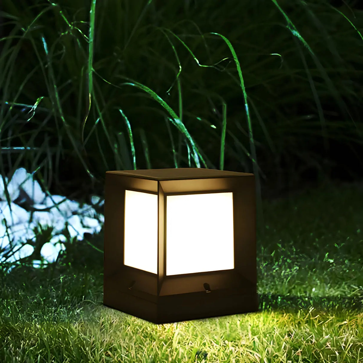 Minimalist Cube Metal Outdoor Post Table Lamp Black Image - 12