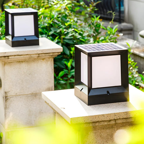 Minimalist Cube Solar Black Metal Outdoor Table Lamp Image - 2