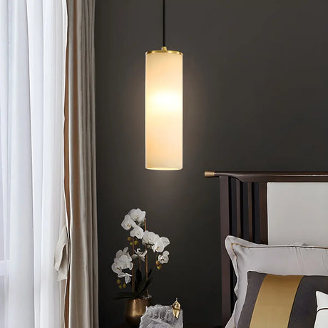 Minimalist Cylinder Bedroom Alabaster White Pendant Light Image - 1