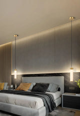 Minimalist Cylinder Bedroom Alabaster White Pendant Light Image - 17