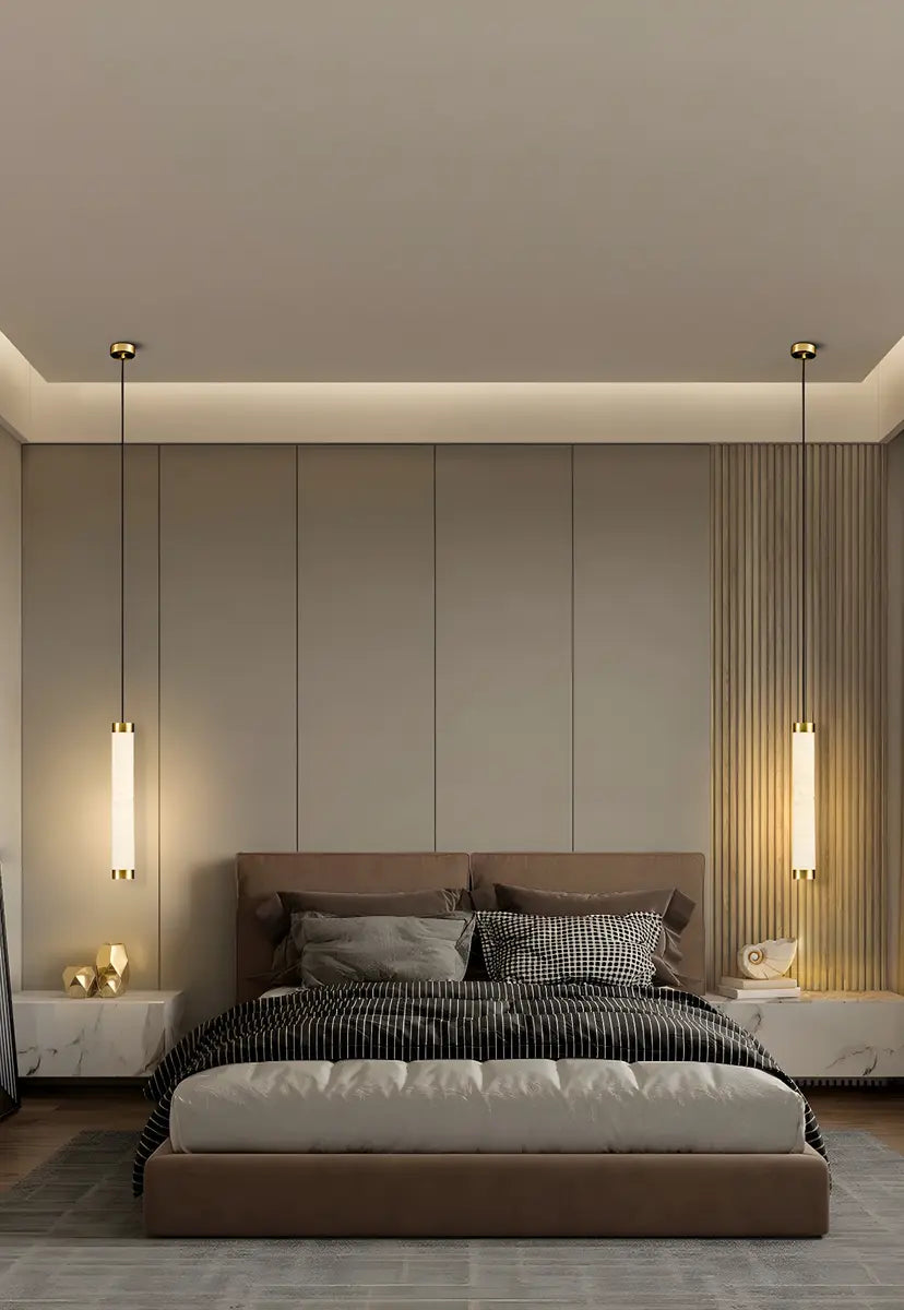 Minimalist Cylinder Bedroom Alabaster White Pendant Light Image - 18