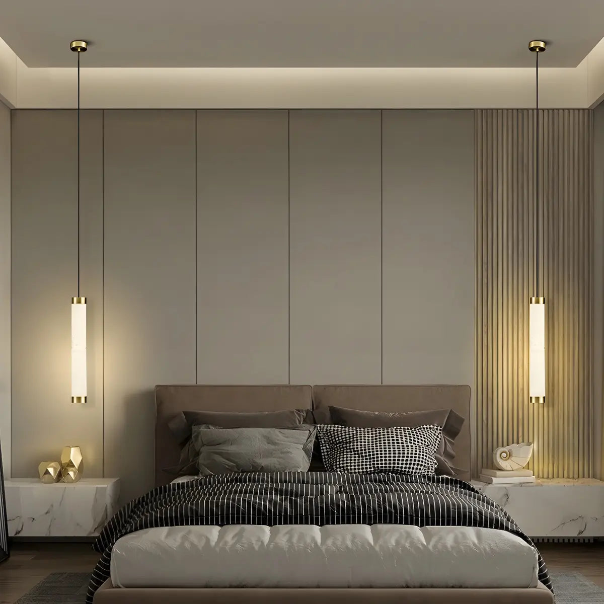 Minimalist Cylinder Bedroom Alabaster White Pendant Light Image - 8