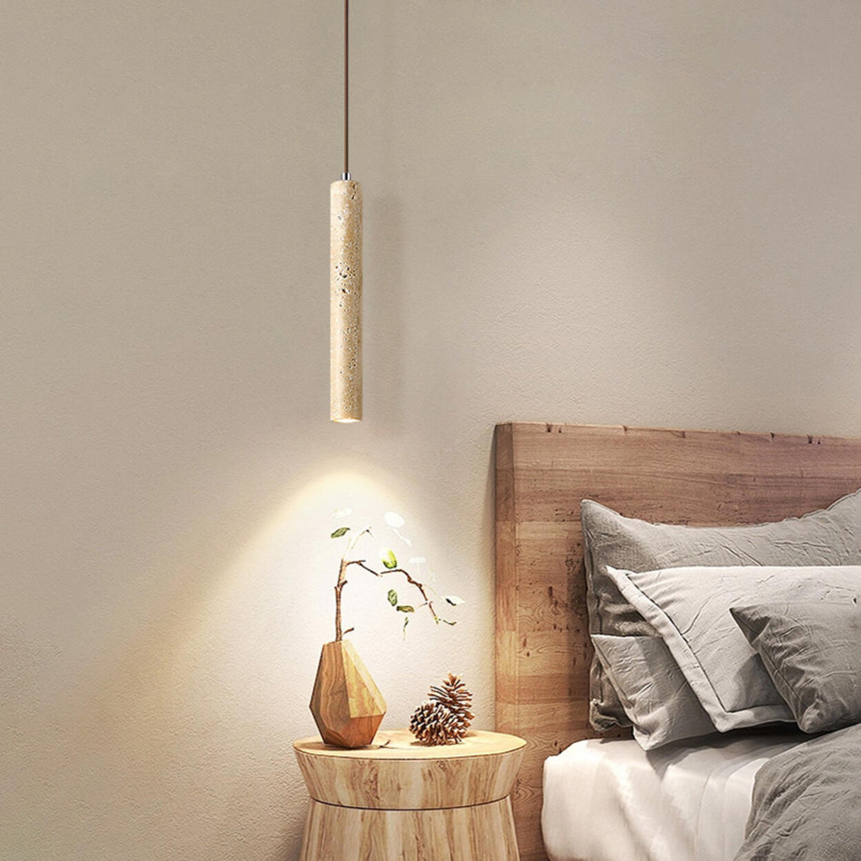 Minimalist Cylinder Stone Bedroom Pendant Light Image - 3