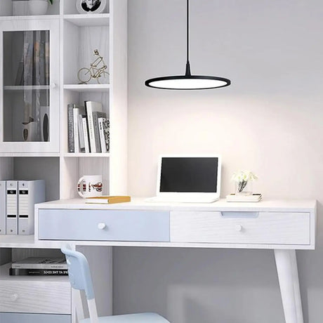 Minimalist Dining Room Black Flat Disc Pendant Light Image - 1