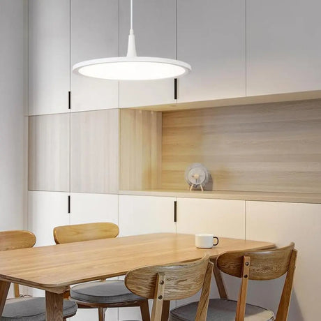 Minimalist Dining Room Black Flat Disc Pendant Light Image - 2