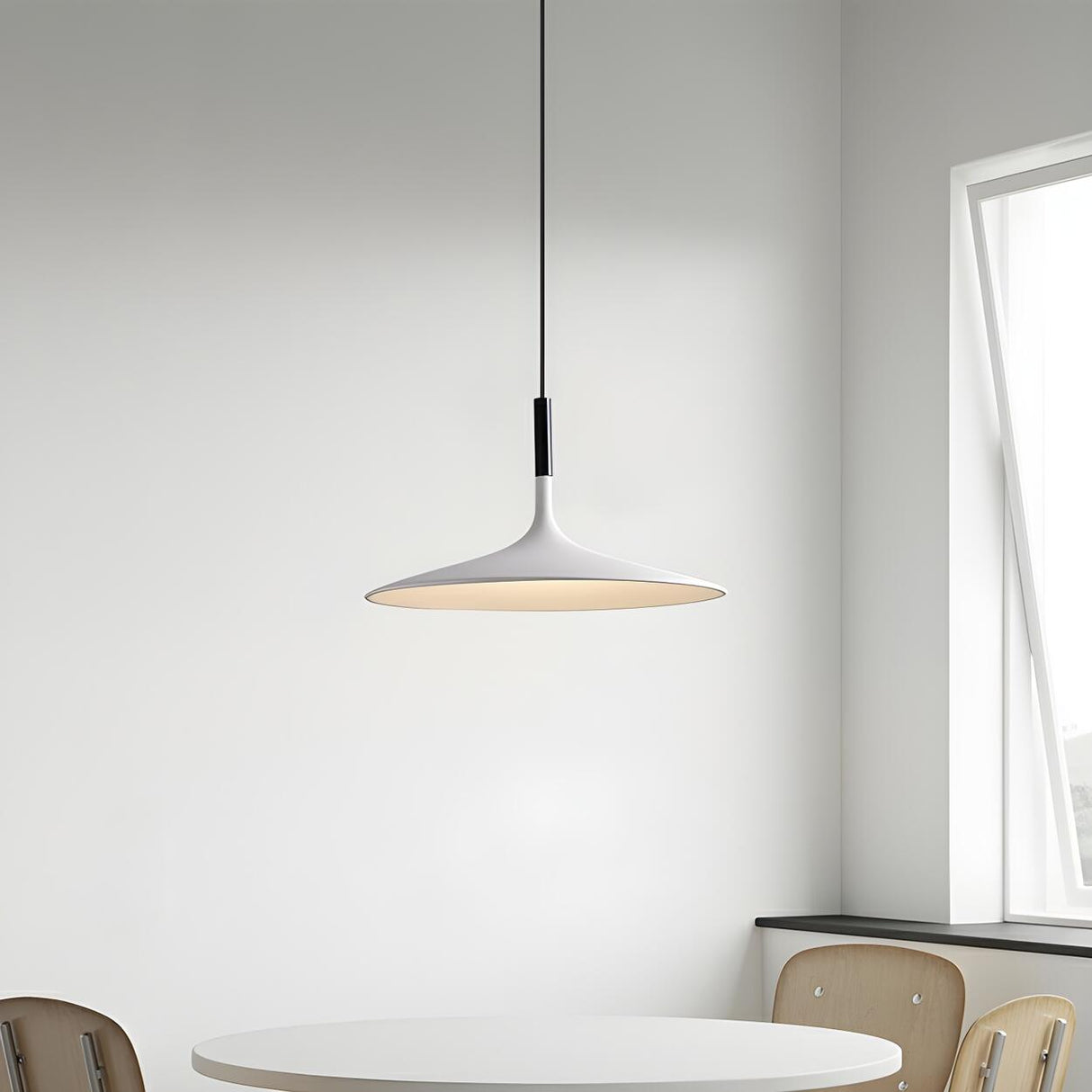 Minimalist Dining Room White Cone Disc Pendant Light Image - 1