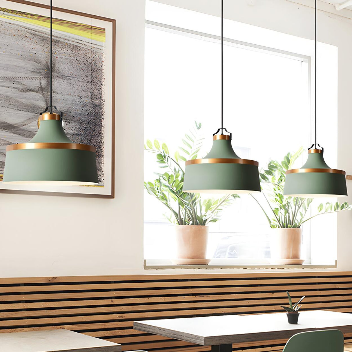 Minimalist Drum Matte Metal Dining Room Green Pendant Light Image - 2