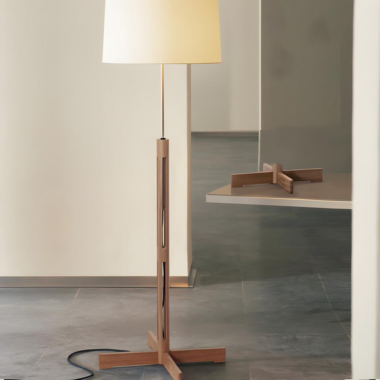 Minimalist Fabric Cylinder Shade Wooden Floor Lamp Image - 3