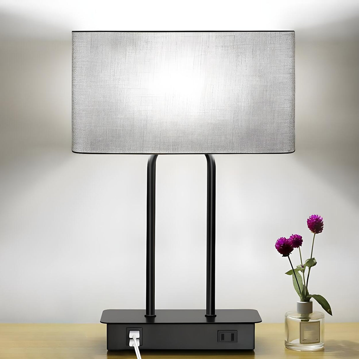 Minimalist Fabric Drum Shade Chic Black Base Table Lamp Image - 3