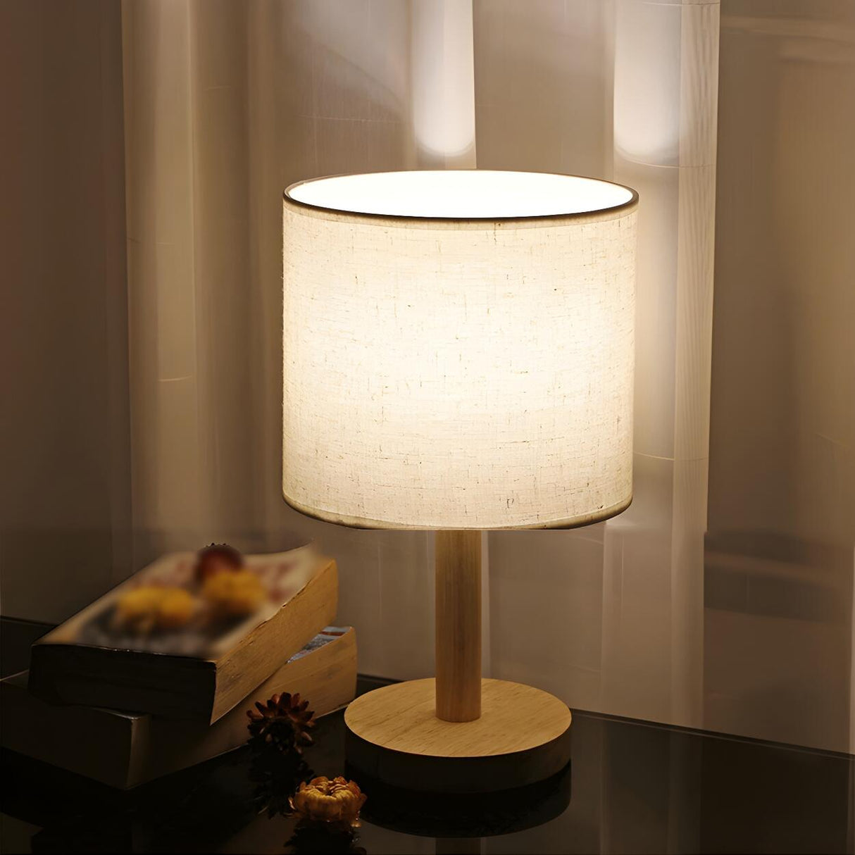 Minimalist Fabric Shade Wood Base Cylinder Table Lamp Image - 11