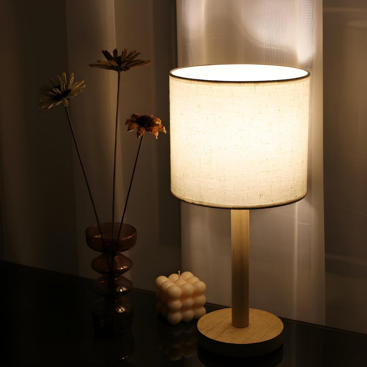 Minimalist Fabric Shade Wood Base Cylinder Table Lamp Image - 2