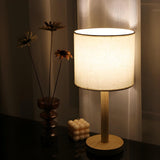 Minimalist Fabric Shade Wood Base Cylinder Table Lamp Image - 2